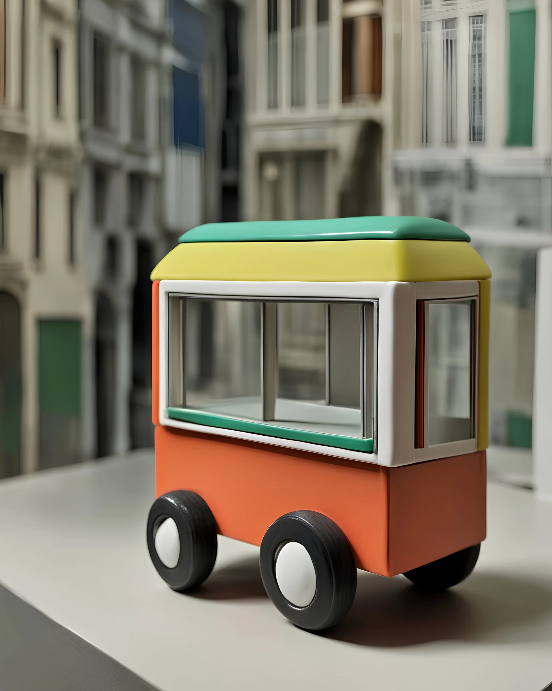 Inspired by Bruno Munari, Mark Rothko, Benetton, gestalt theory and silver mean, sophisticated brutalist miniature porcelain sculpture of vacant street commercial kiosk on legs, circa 2000, in a contemporary urban art gallery. Eye-catching, vivid, product-focused, sharp focus.