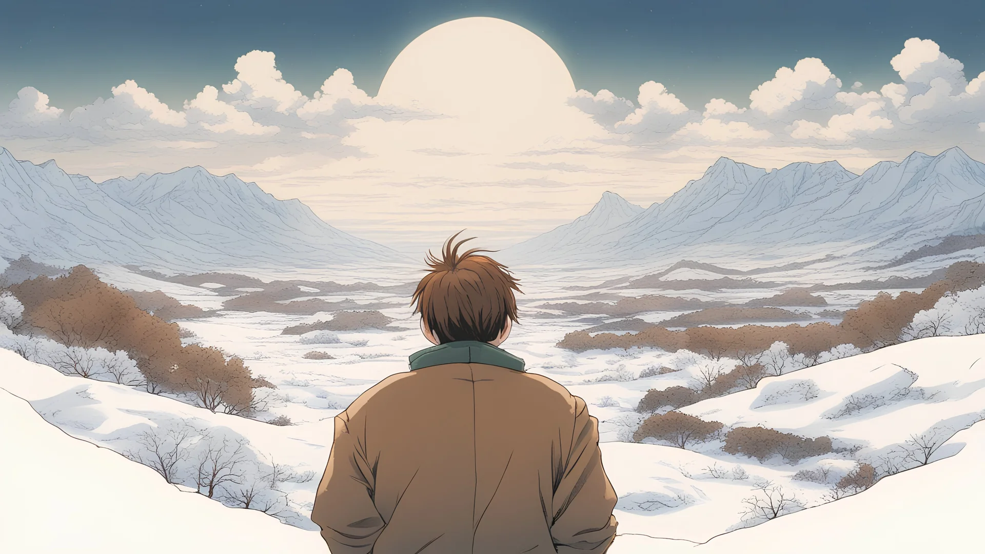 man looking over a snowy land from behind with brown hair drawn by akira toriyama