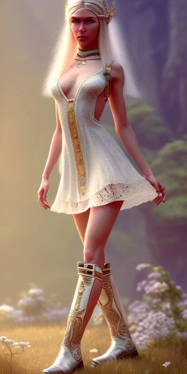 A long shot, Cute elven female adventurer with blonde hairs ears out, dressed in a light sundress, wearing boots on the floor, posing frontally, in style of Cedric Peyravernay Art, microdetails, ultradetailed --ar 2:3 --beta --upbeta