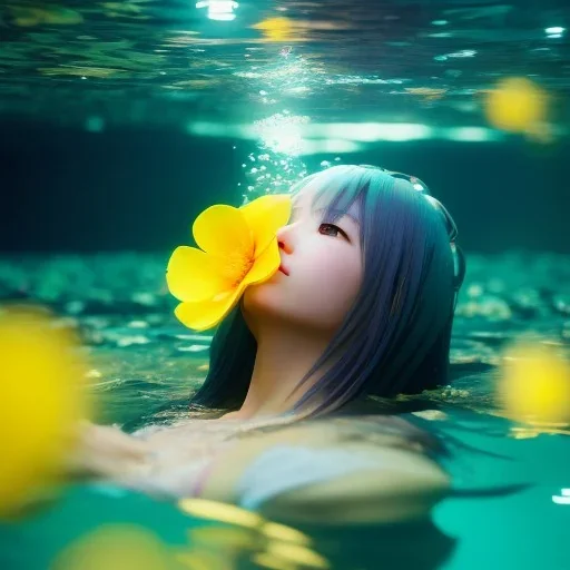 Anime girl underwater with yellow flowers for hair, closed eyes, rtx, reflection, 8k, glow, winning photography, caustics