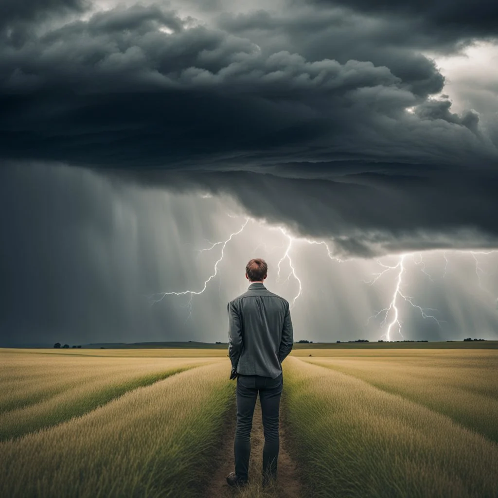 Picture of a man in a field with a storm approaching