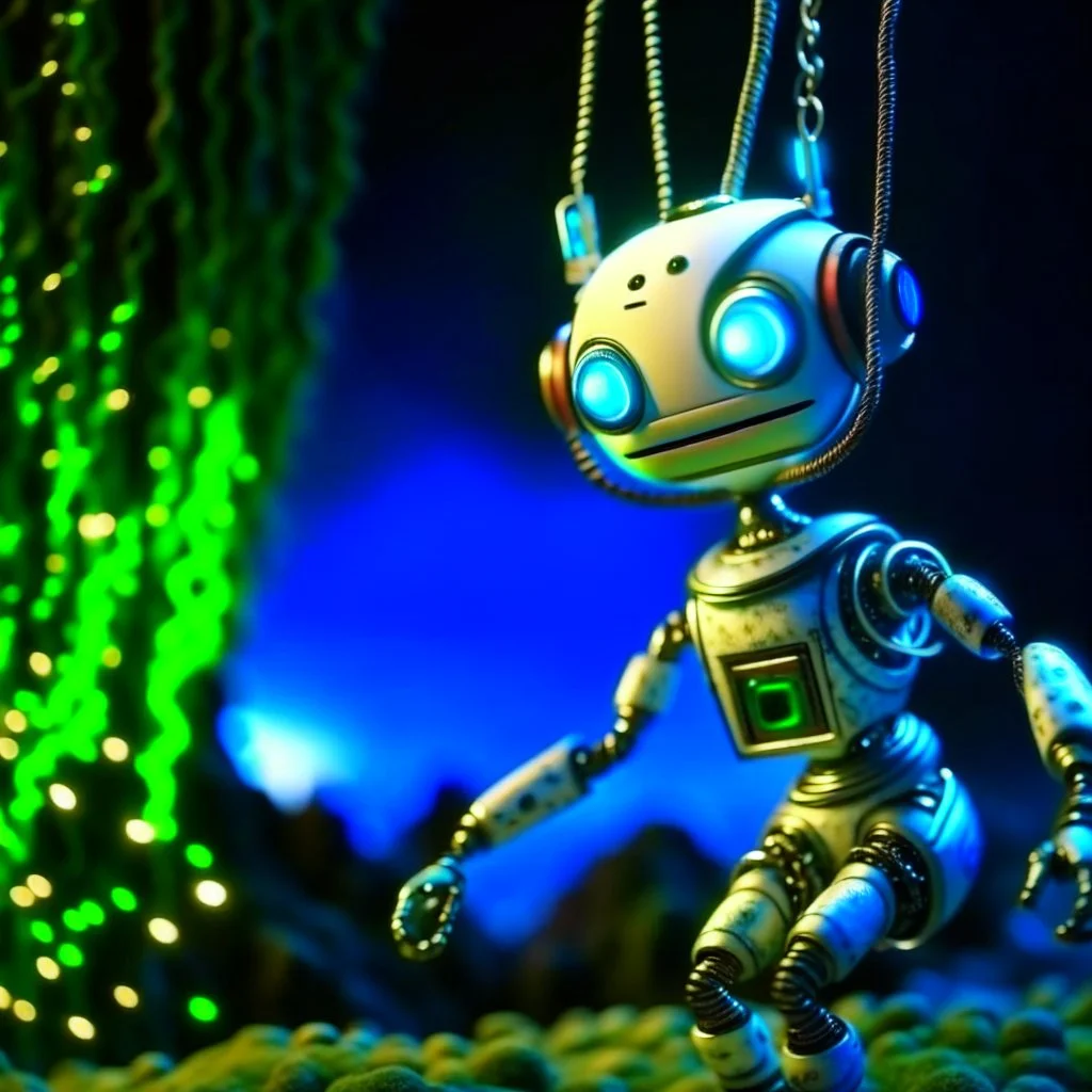 portrait of a cute chat robot swinging in a rope in an underground grove, in the style of dali, 8k, down-light, soft light, depth of field, photo realism, trending on art station, high detail,