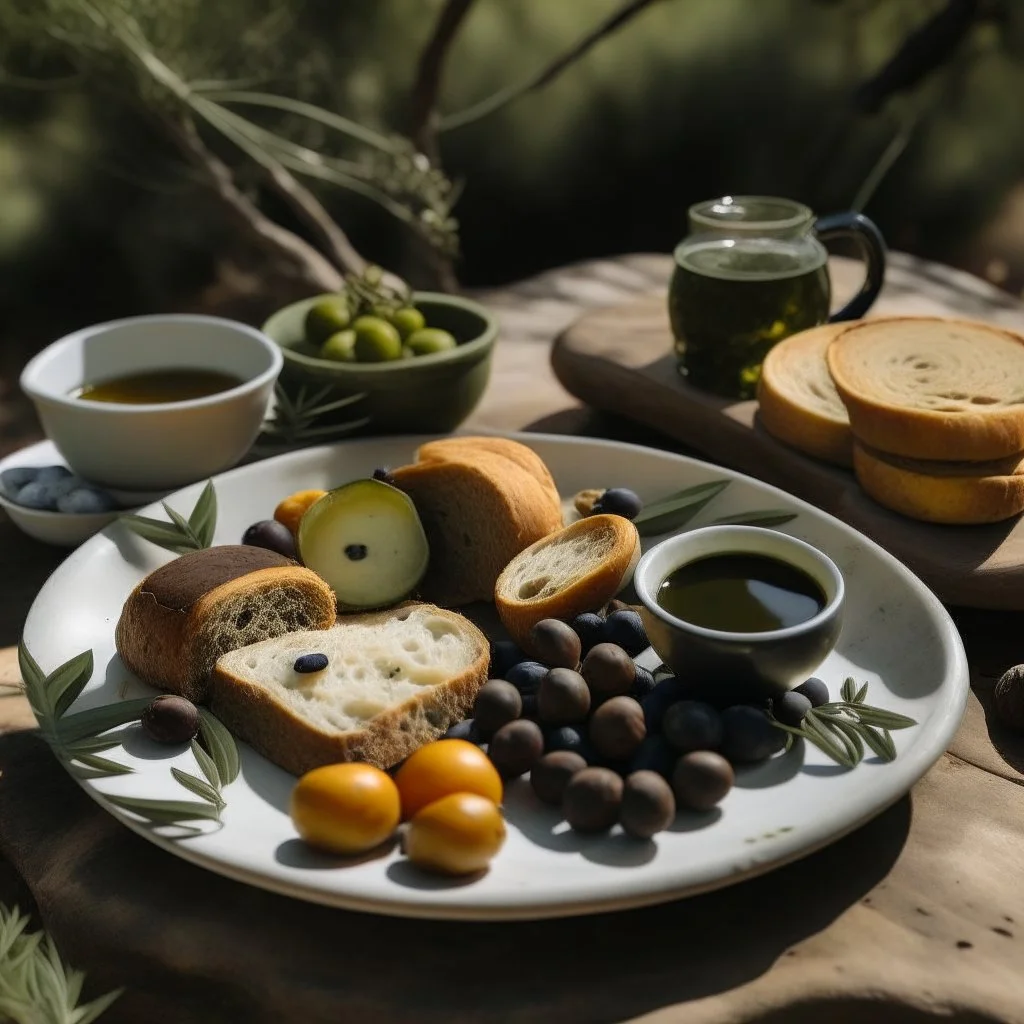 A plate of olives, surrounded by a breakfast of cheese and bread, and a cup of hot tea found in nature