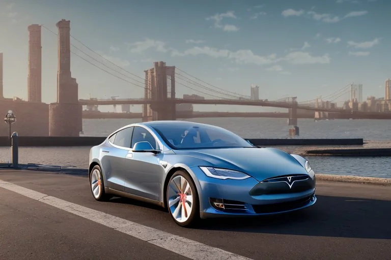A Tesla 'Model S' is parked, near the 'Pier 11' in Manhattan. (CINEMATIC, WIDE ANGLE LENS, PHOTO REAL)