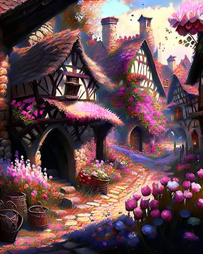 medieval fantasy village with flowers rpg art painterly