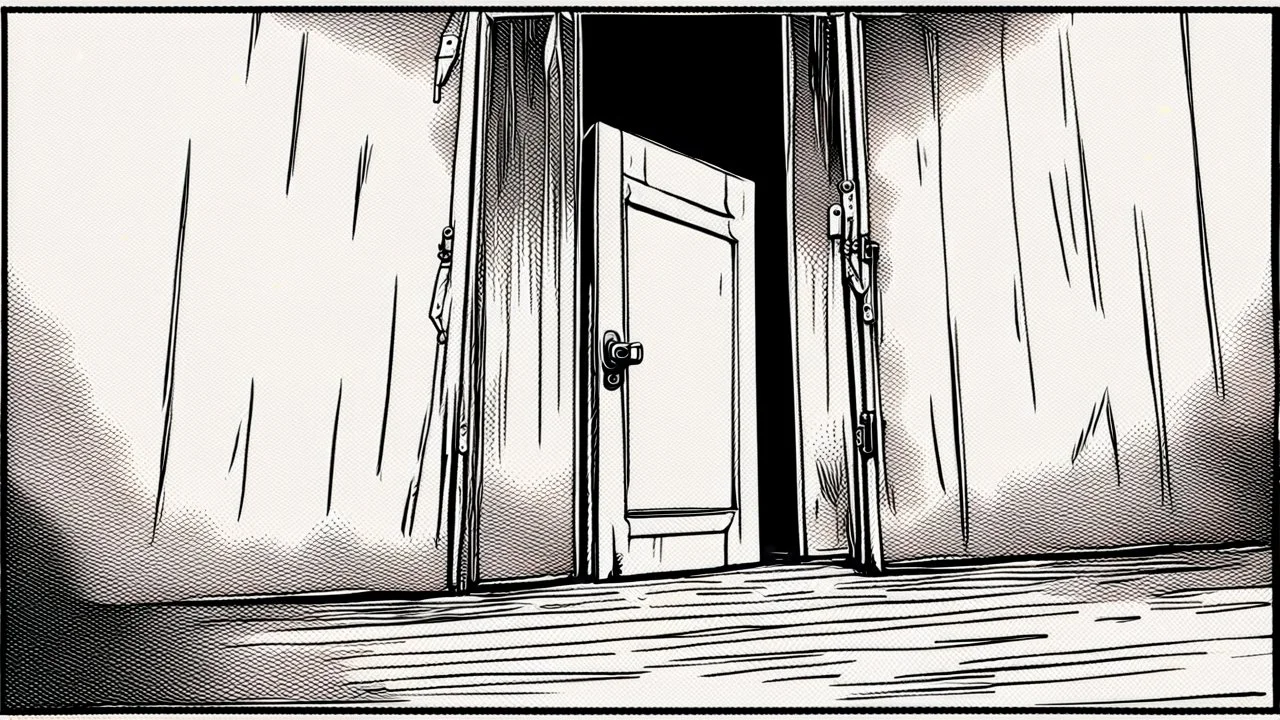 unhinged door, anime, monochrome, black background, ink, simple, maximum quality, broken hinge, barely functioning, why is it still being used it's a health hazard, centered on frame, far