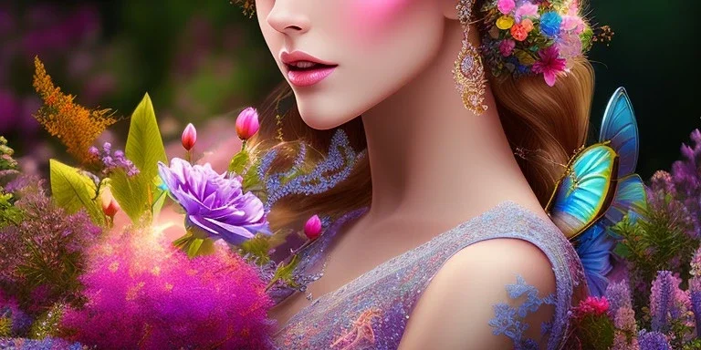 bright fairy, beautiful portrait, flowery landscape