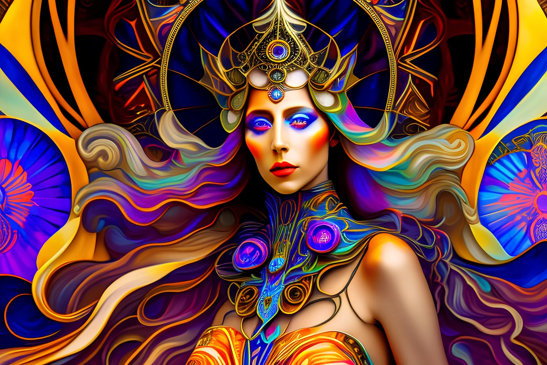 art by Alfons Mucha in the style of Salvador Dali, muted psychedelic colors, Lady Gaga as a high elf steampunk queen, in an biomechanical universe, HD 4K ultra high resolution, photo-real accurate, cinematic volumetric lighting