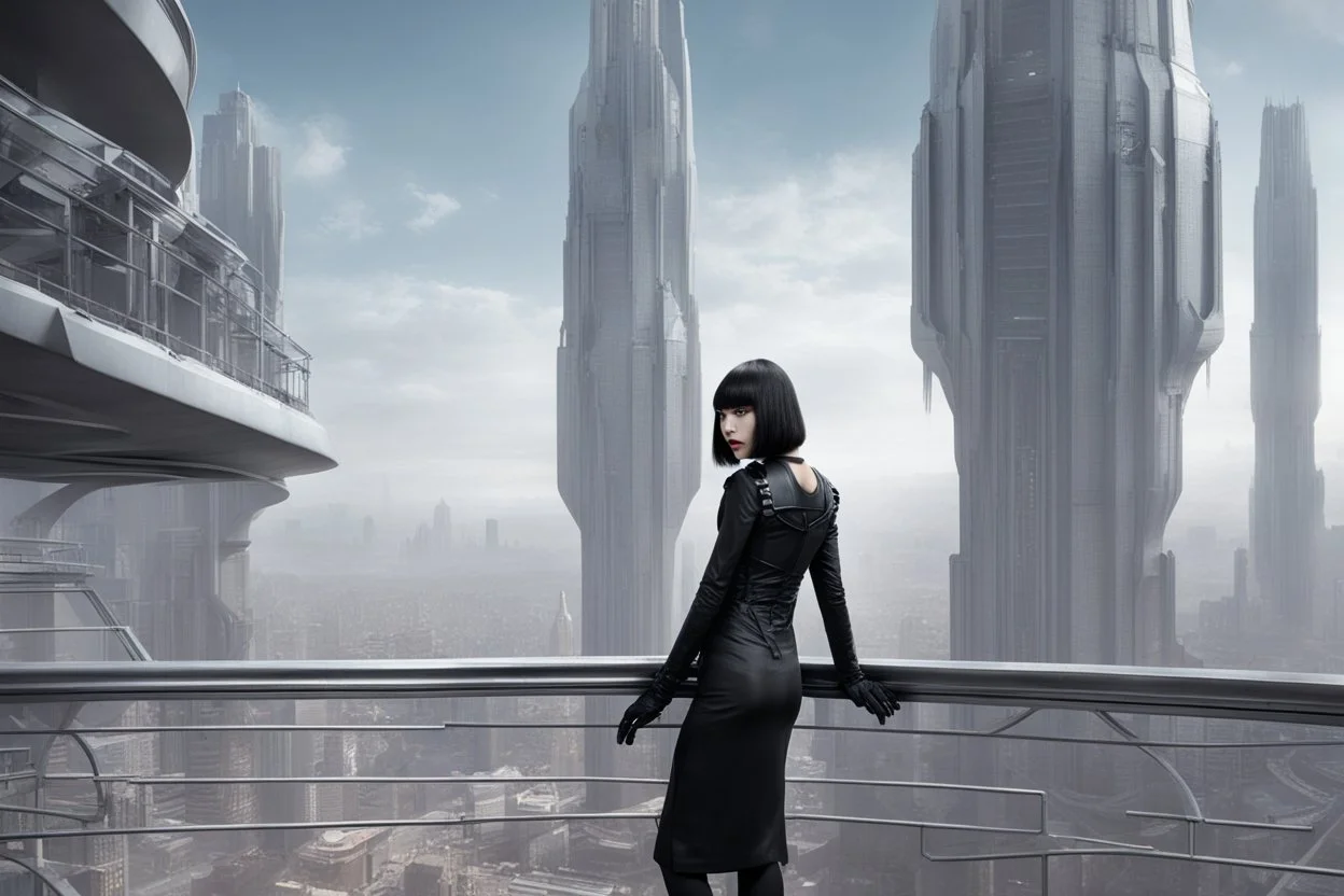 girl wearing black leather, shoulder-length bob, with fringe, in a science fiction building leaning over a balcony, looking at a large city