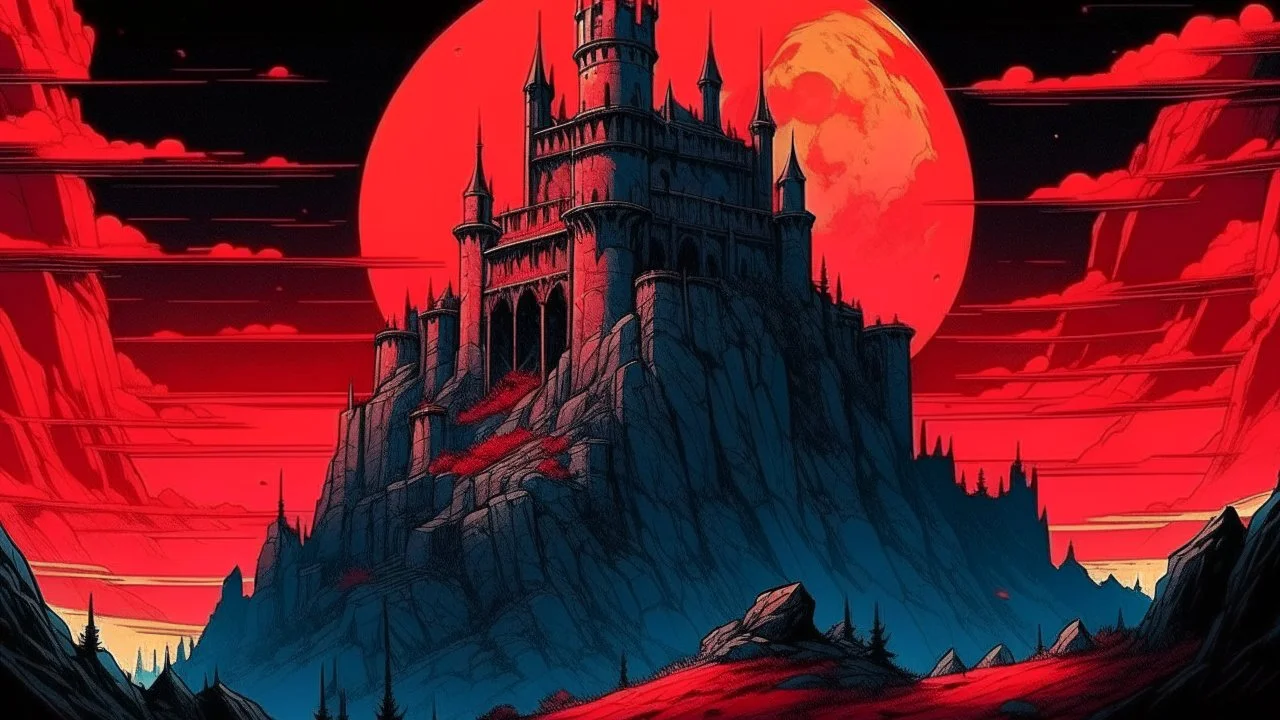 Render in vibrant comic style: a towering castle perched atop windswept cliffs, its jagged stone figure bathed in the cinematic crimson glow of a giant, imposing red harvest moon. Stars prickle the indigo sky, flickering witnesses as sinister shadows creep and coil through cobbled corridors and open arches. Integrating ominous undertones and dramatic contrasts, embody the castle's majestic allure and haunting mystery.