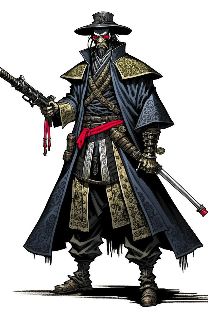 Gunslinger samurai, wearing a duster coat and mempo, with s cybernetic right arm