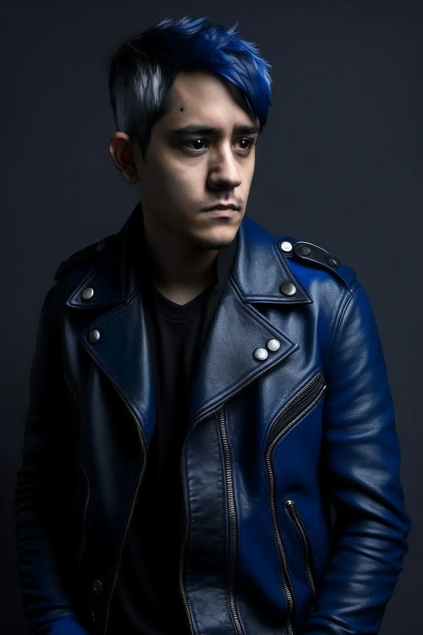 dark blue haired boy in a leather jacket