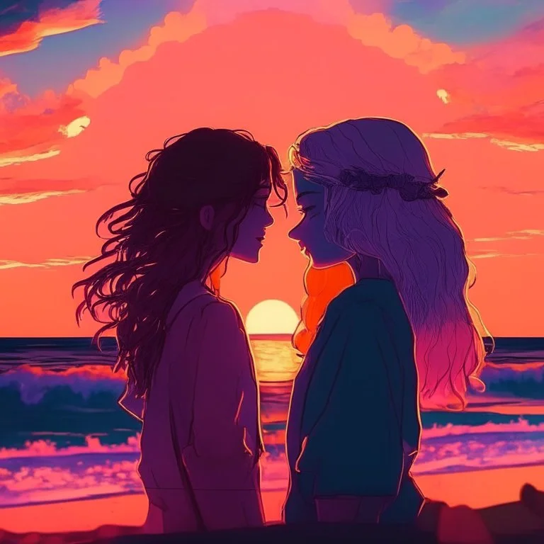 sunset, lofi colors, lofi vibes, cool colors, 2 girl
