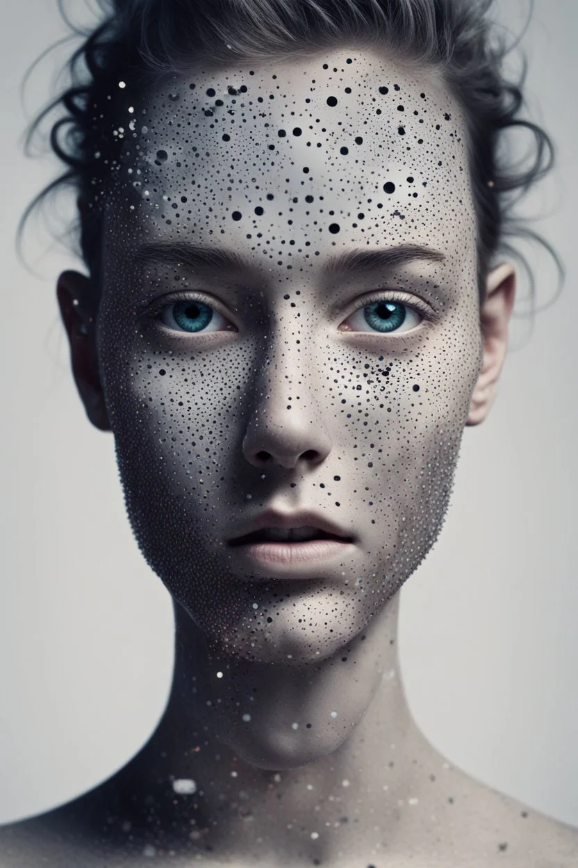 Face Shape: Glitched and polygonal—flickers between perfect symmetry and broken geometry. • Skin: Covered in pixel-like holes and corrupted data patches that flash white noise. • Eyes: One large eye that flickers like a corrupted camera lens. Bleeds binary code. • Hair: Flickering cables that spark when touched, or dissolve into numbers. • Outfit: Broken digital armor, like an unfinished VR avatar—parts are missing or out of sync.