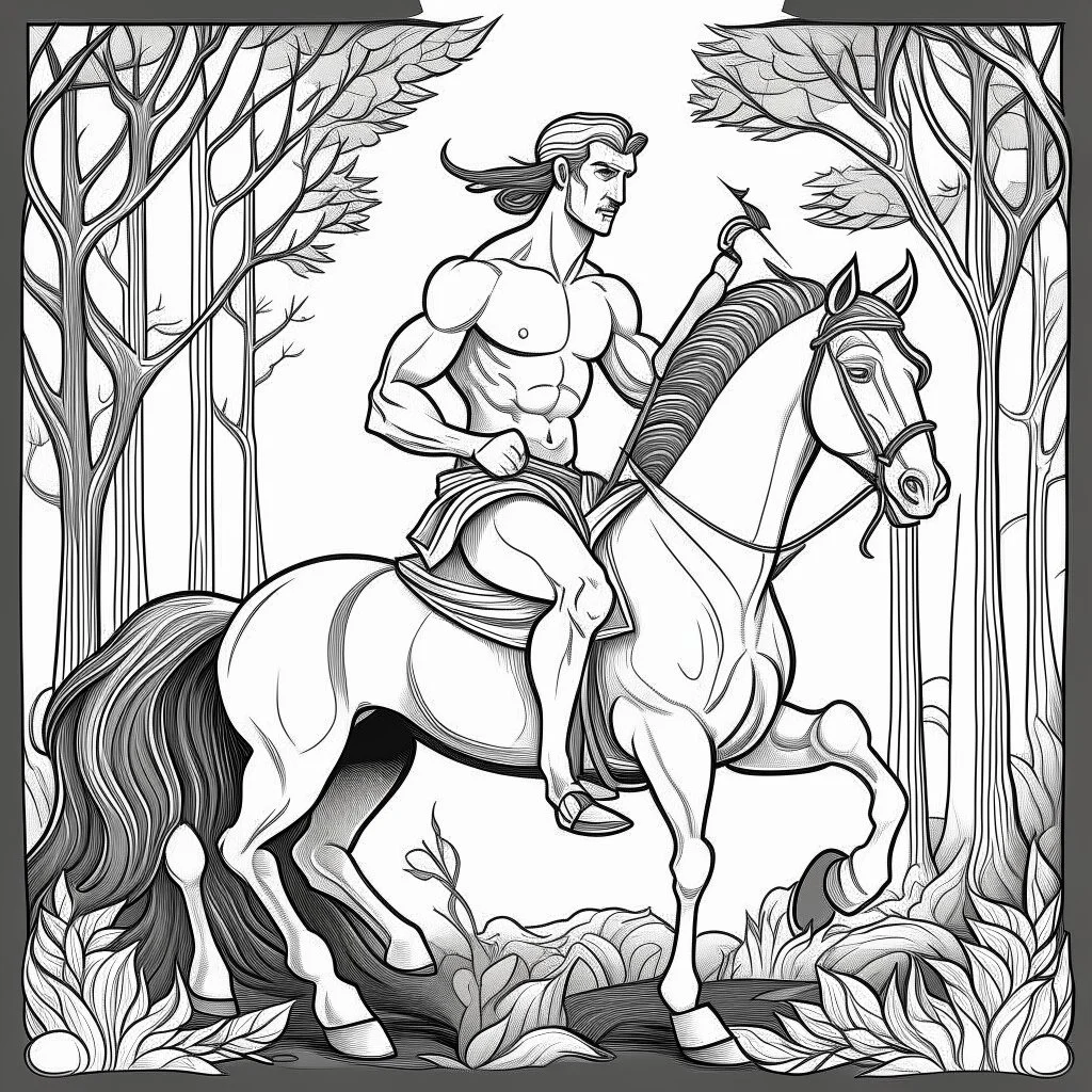 Centaur, in Greek mythology, a race of creatures, part horse and part man. Make black and white cute drawing of a centaur (part horse and part man) with black bold lines. Only outline, no grayscale. A centaur holding a bow and arrow in an enchanted forest.