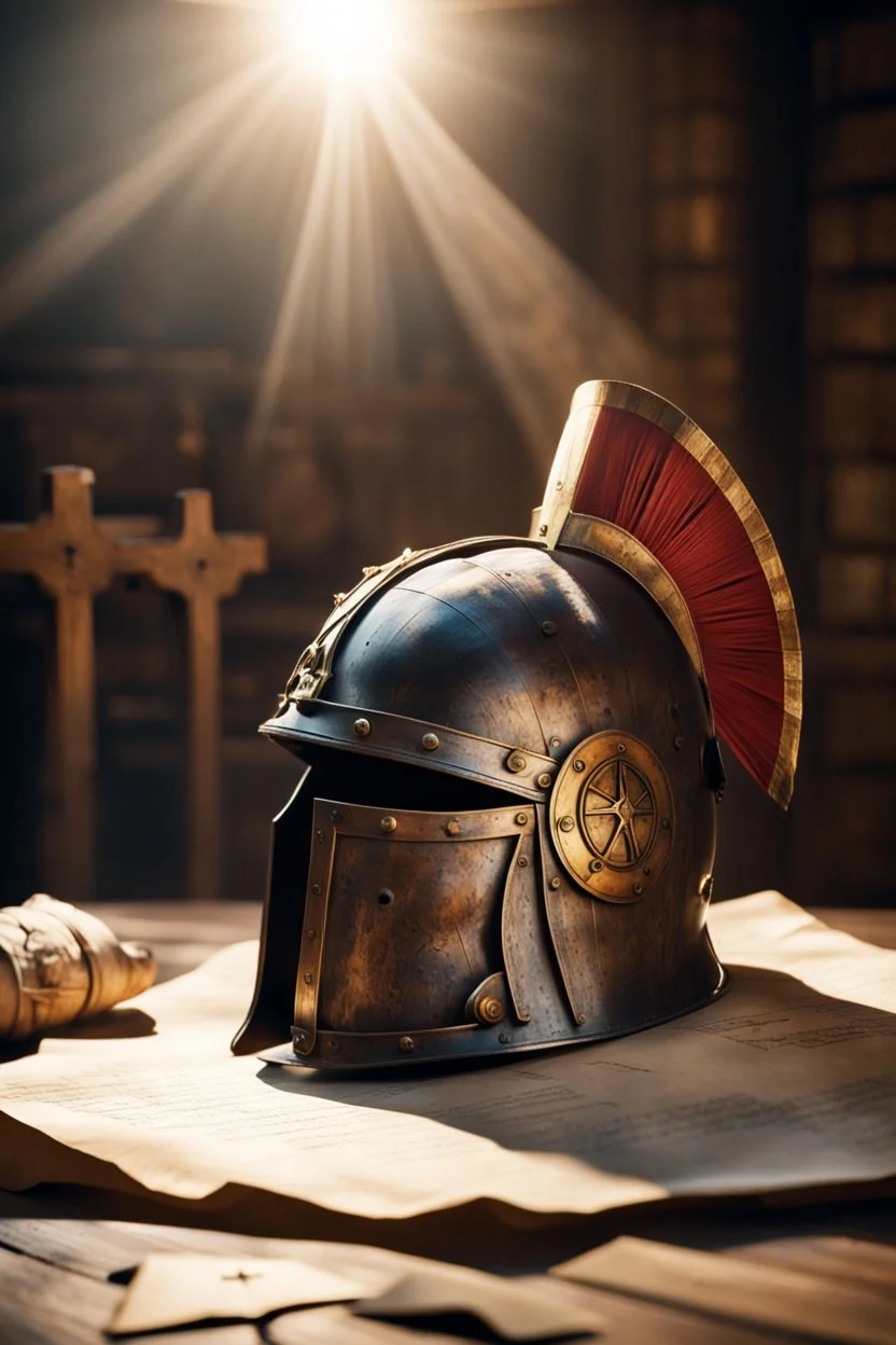 The Roman centurion's helmet lies on an old cracked wooden table. Next to the helmet, on the table, lies a cross on a string and a scroll of parchment. A ray of sunlight reflects off the helmet. All around is the entourage of ancient Rome. High quality image in 8K