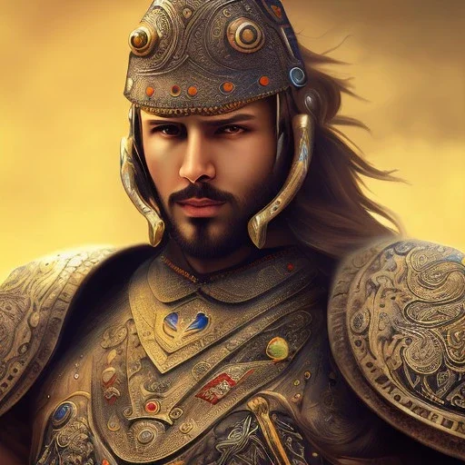 portrait of a warrior with turk man themed armour, extremely detailed, UHD, 8k,The close-up camera effect,sharp focus, perfect position,hyperphotorealistic