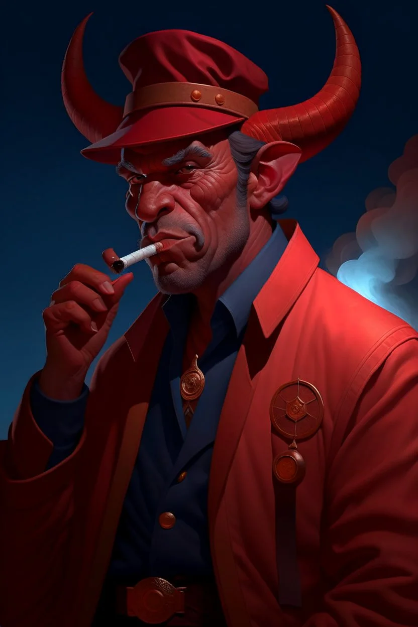 An old male red tiefling wearing a police comisioner outfit smoking a cig.