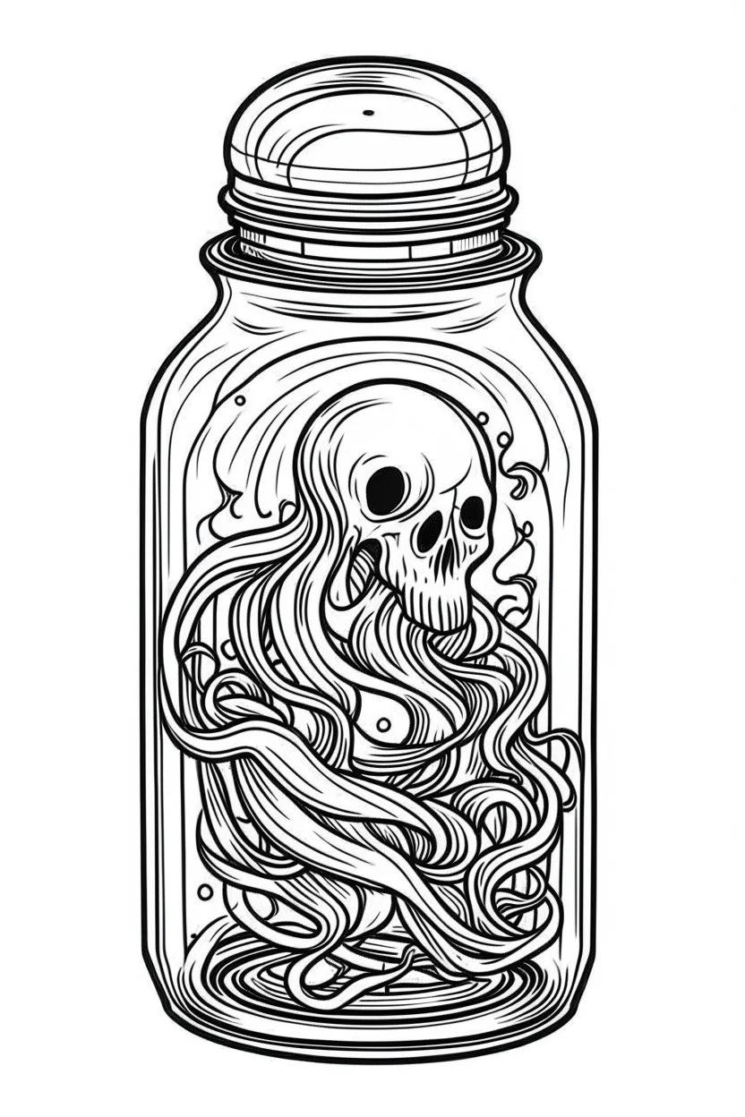 spooky ghost stuck in the jar idea, line art, background, vector, svg, black outline on white background, leave plenty of white space beetween lines for coloring, tattoo style, tattoo idea,full body, minimalist