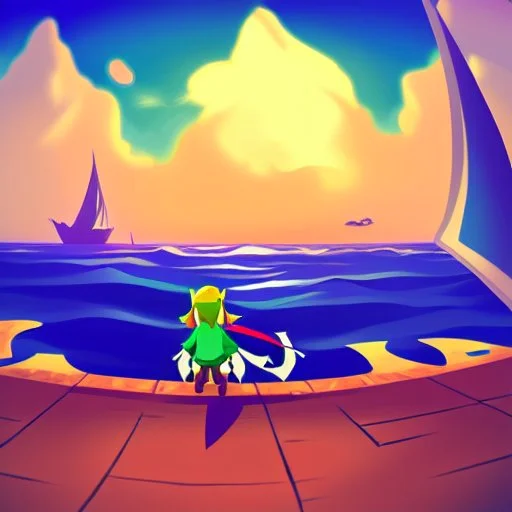 Legend Of Zelda: Wind Waker style vast ocean, stylized, celshaded, colorful, adventurous, frontal view, full view.