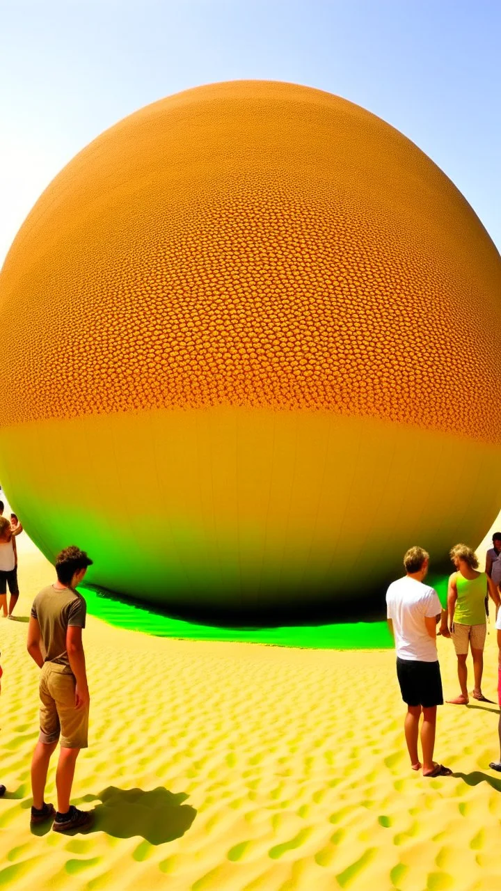 Giant sphere made of sand , people gathering to look