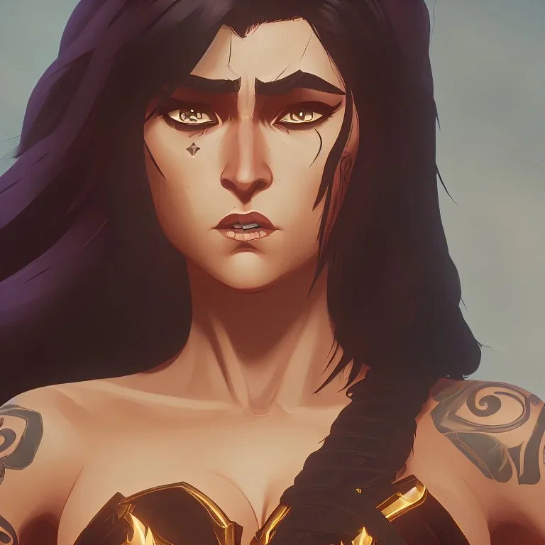 Warrior woman with medium wavy black hair, brown eyes, big breast, topless, glistening muscles, with a dagger in each hand.