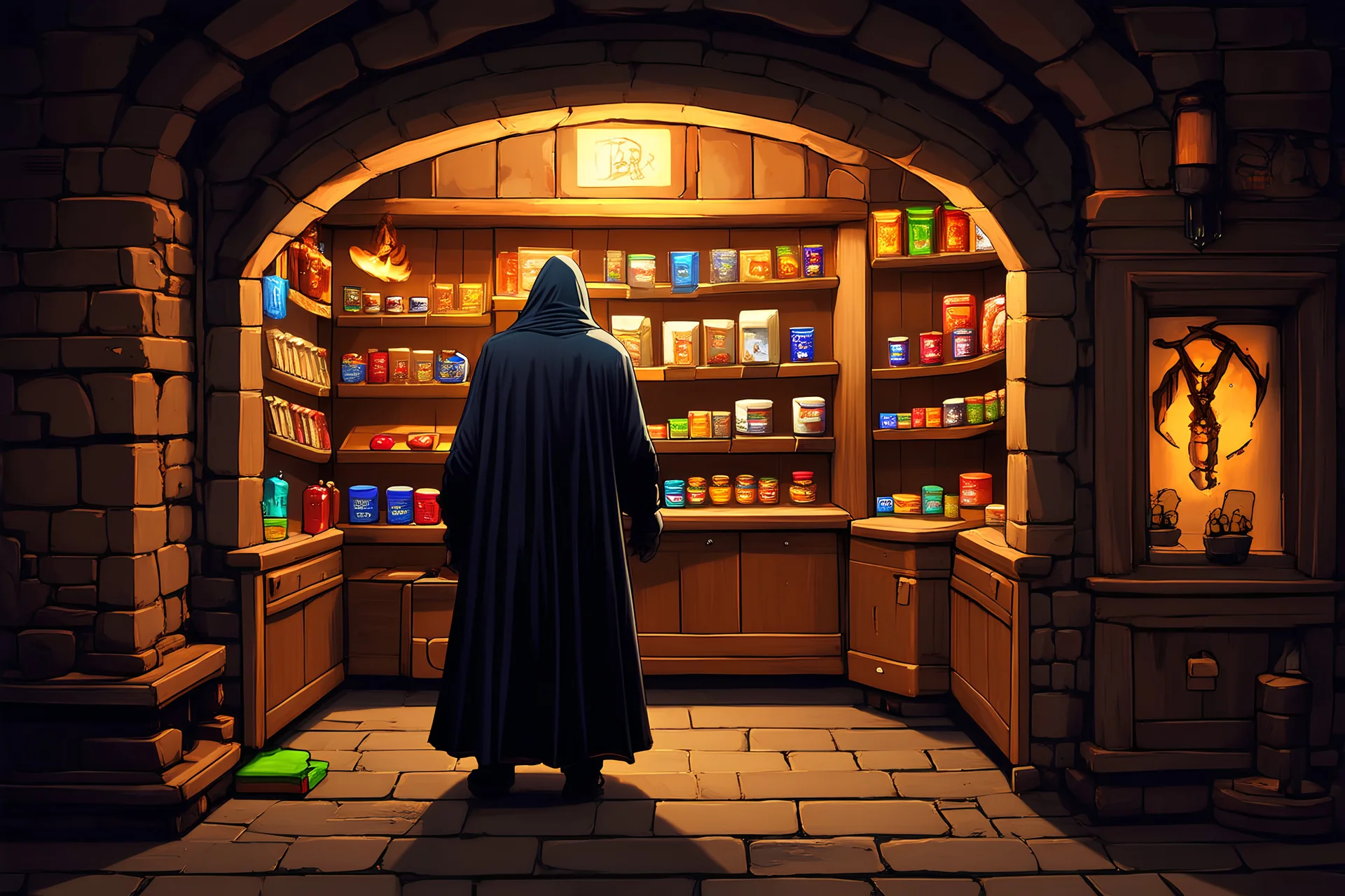 shop in fantasy dungeon. the shopkeeper is a mysterious cloaked and hooded figure
