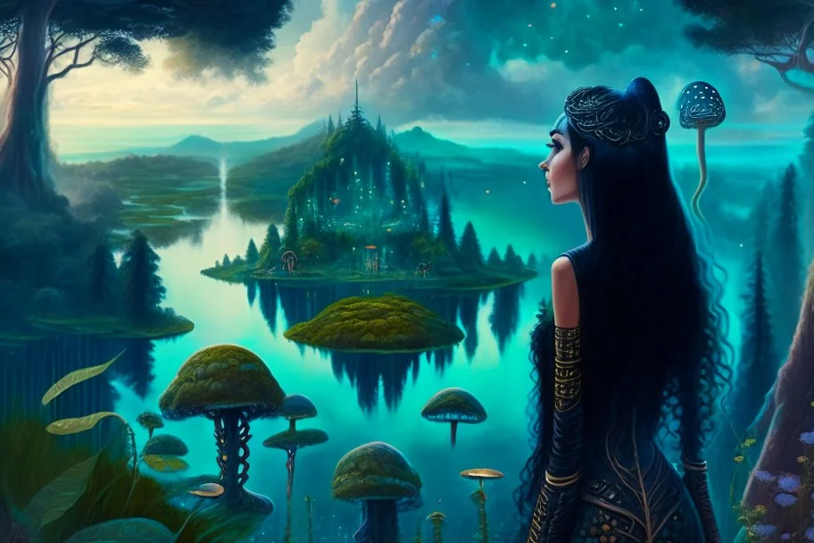 A skinny woman with a Cleopatra hairstyle, short skirt, and knee-high boots, looking out over a lake, in an alien forest, with tall cloud trees, flying mushrooms with octopus tentacles