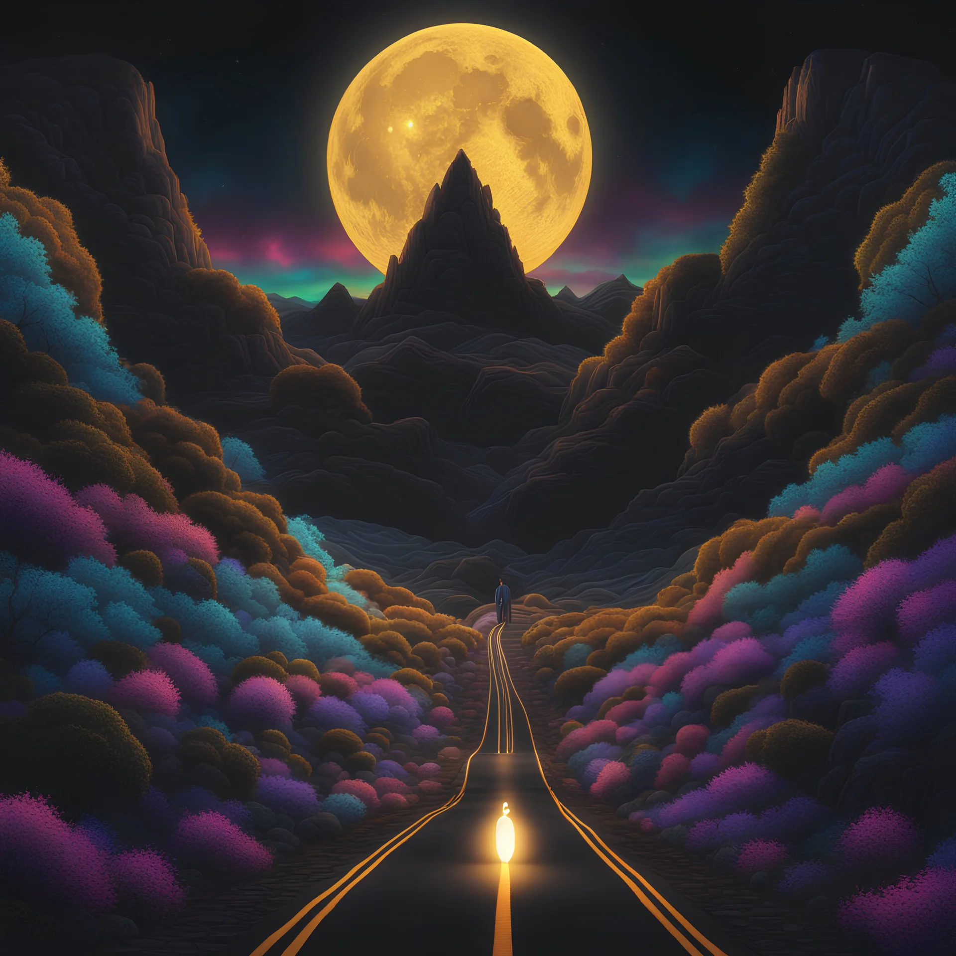 A black lightpainting ofA luminescent Road to the Moon!!!! With a Lonely Man, an intricate folk art Neon glow, UV light. fantasy,colorful8k resolution concept art, Greg Rutkowski,SIXMOREVODKA, pastel color, Nighttime Lighting, digital illustration, 4K, Hyperdetailed, Intricate Details, 3D shading, Art of Illusion