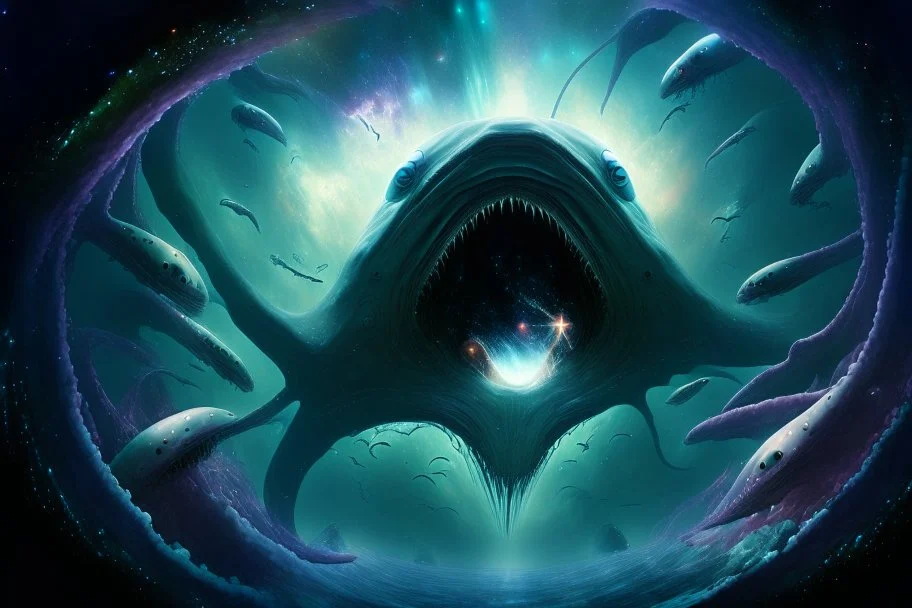 View into an event horizon in space with many enormous strange tentacled whale-like creatures with huge faceted eyes and mouths, flying around