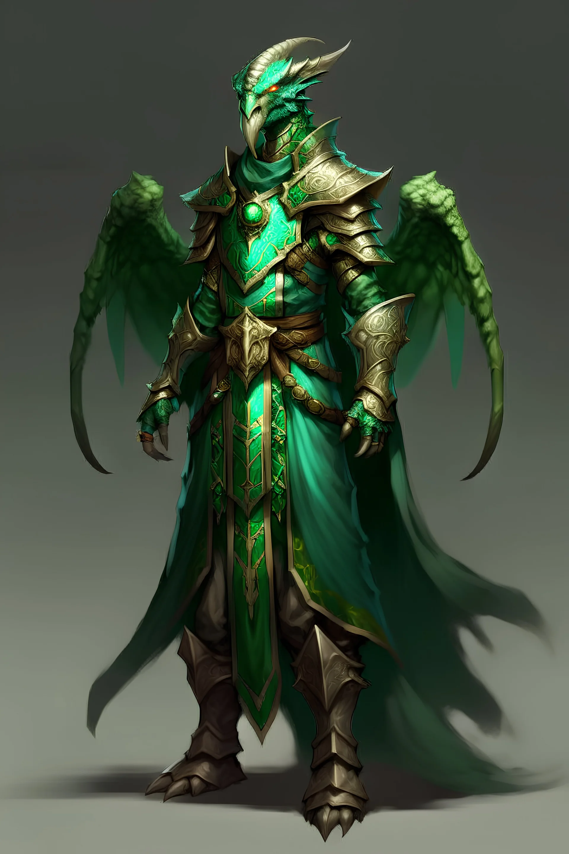 Male Emerald dragonborn draconic cleric robes winged