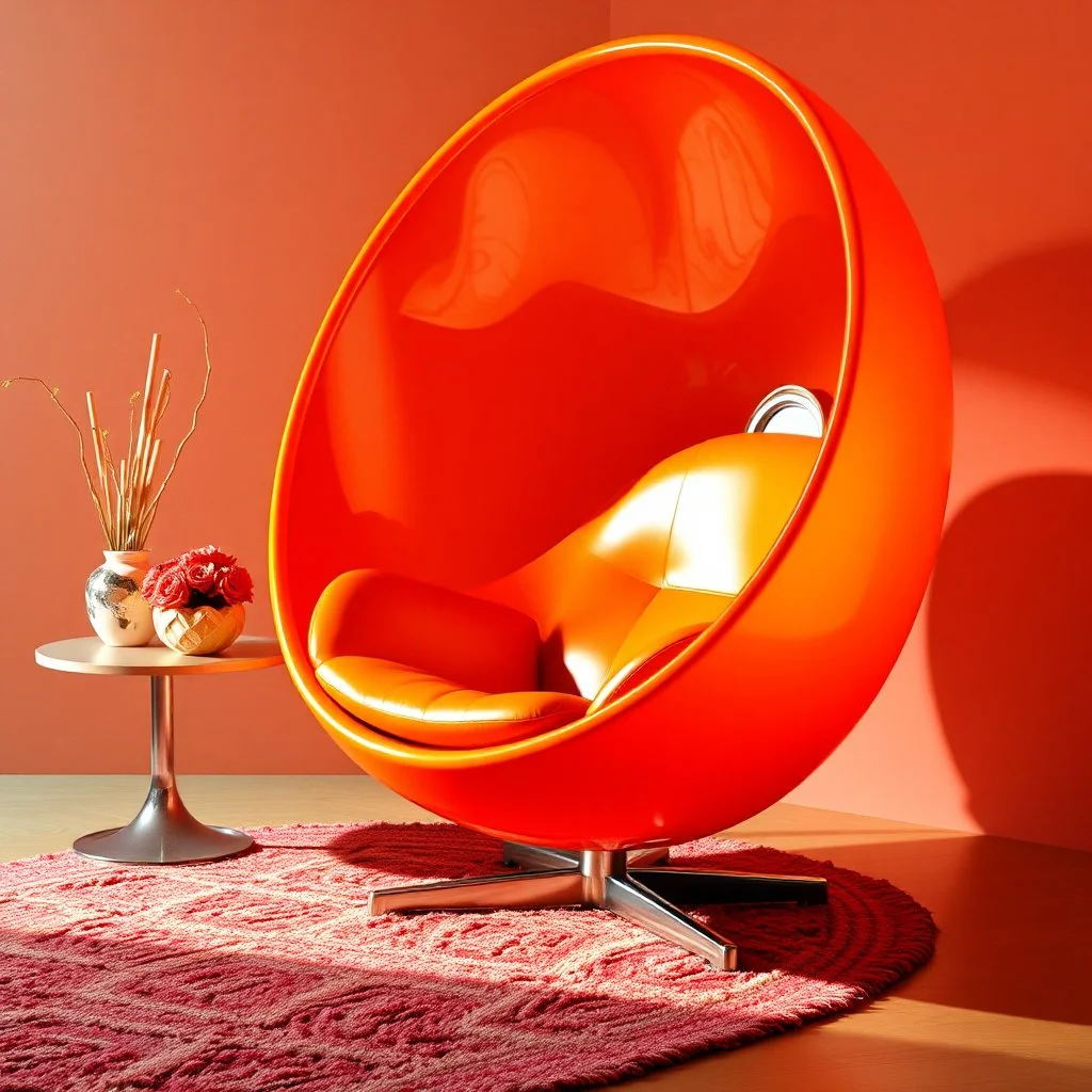 1970s, armchair in a large orange egg in plastic
