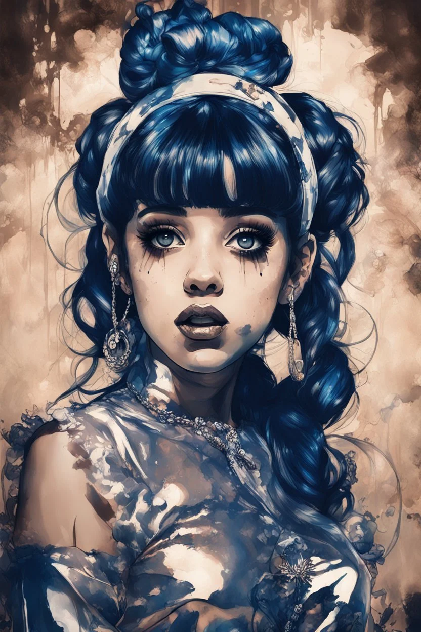 Poster in two gradually, a one side the Singer Melanie Martinez face, full body, sit pose, painting by Yoji Shinkawa, darkblue and sepia tones,sinister, detailed iridescent, metallic, translucent, dramatic lighting, hyper futuristic, digital art, shot with Sony Alpha a9 Il and Sony FE 200-600mm f/5.6-6.3 G OSS lens, natural light, hyper realistic photograph, ultra detailed -ar 3:2 -q 2 -s 750,malevolent goth vampire girl face and other side