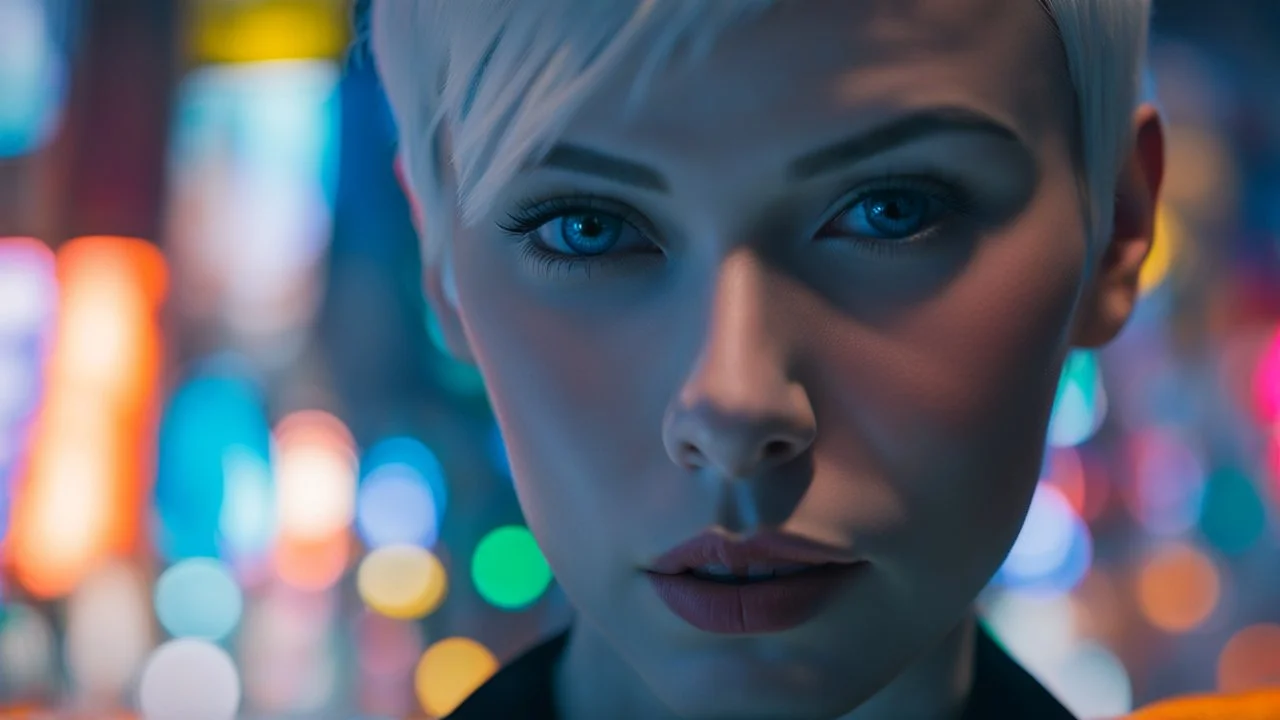 portrait of human android Anita, 25 years old female, short white hair, neat hairstyle tied back, white albino skin, shiny neon blue eyes, big eyes, many freckles on her face, with a blue blure glowing tattoo on her neck: , nice, kind and friendly face, blur background with neon lights