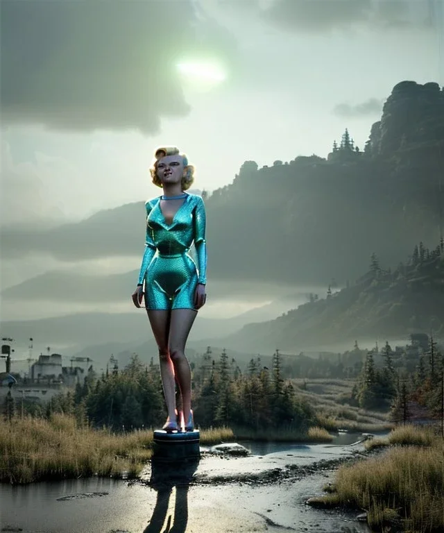 Ultra Realistic retro sci-fi 1960 scene, waist up view portrait, blonde woman, sweet young Marilyn Monroe face, perfect iris, tight latex coat, alien planet background, tight style, steel sphere dron levitating, fog, rain, soft color, highly detailed, unreal engine 5, ray tracing, RTX, lumen lighting, ultra detail, volumetric lighting, 3d, finely drawn, high definition, high resolution.