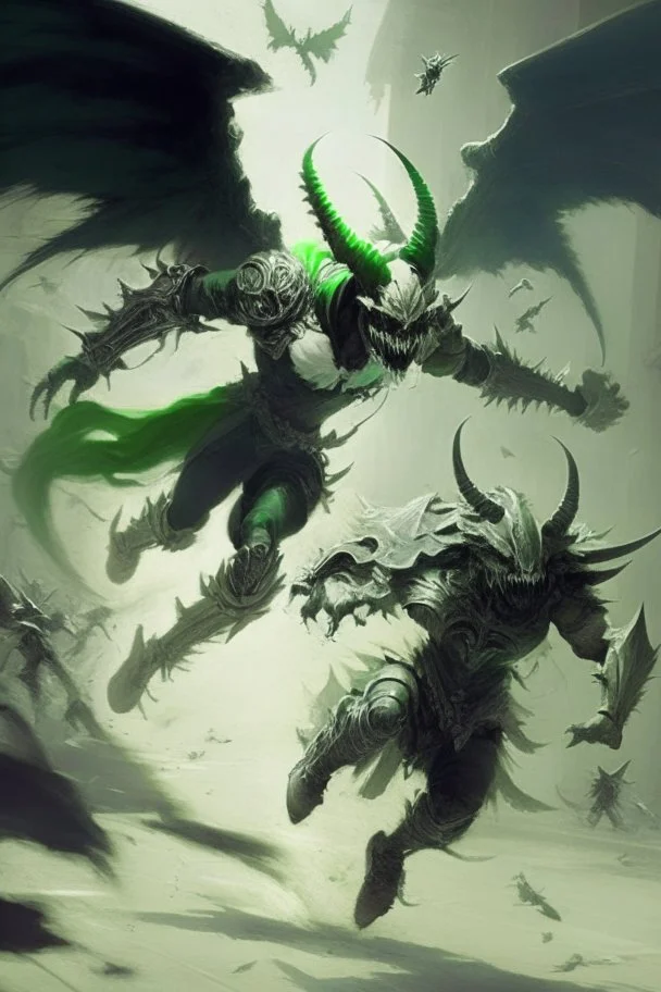 Demonio con armadura verde y negra corriendo hacia un angel blanco