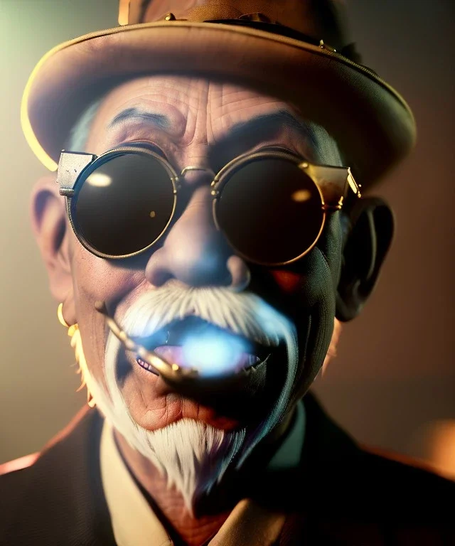 Portrait cabaret scene, steampunk. old Asian man and little monkey, Sunglasses, smoking, happy, hot. Many people background, highly detailed, concept art, unreal engine 5, god rays, ray tracing, RTX, lumen lighting, ultra detail, volumetric lighting, 3d, finely drawn, high definition, high resolution.