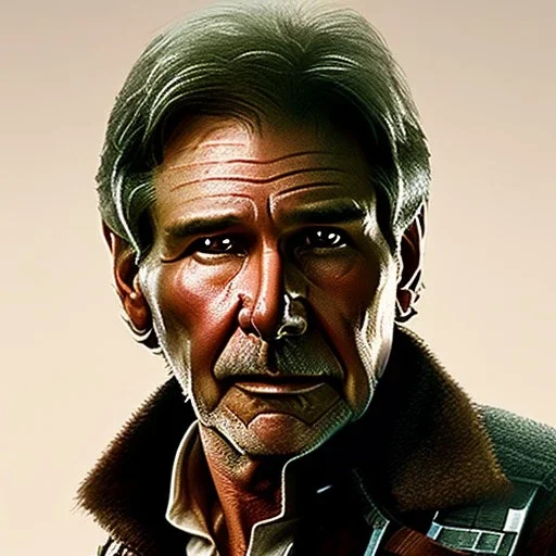 stunning photo realistic head to waist portrait of harrison ford as han solo in star wars with photo realistic short hair by alice zhang,Sam Spratt, Yi Fan, Houston Sharp, Matija Obrovac, Sharp focus, brown eyes, realistically weathered and rough skin,space jacket from star wars, octane render, intricate