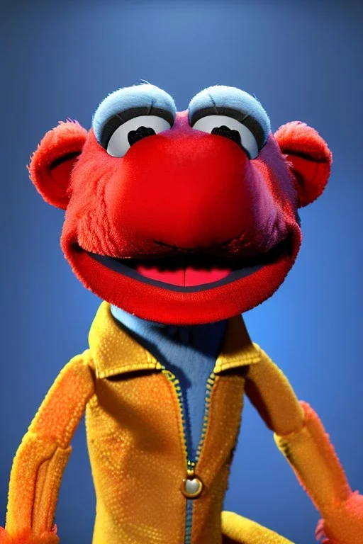 Waist up muppet Portrait, Nicolas maduro us muppet doll, Venezuelan president, tracksuit red blue and yellow, mustache, photo studio, red background, unreal engine 5, concept art, art station, ray tracing, lumen lighting, ultra detail, volumetric lighting, 3d.