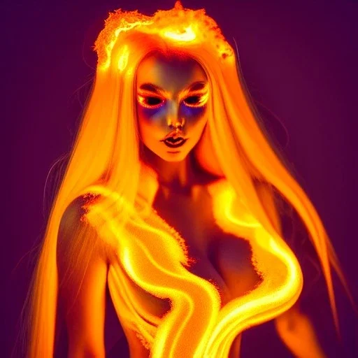 woman made of fire, fire angel, fire clothes, full body portrait, long flowing yellow hair, highly detailed, real life photo, photo quality, extremely detailed, highly detailed, 8K, crisp quality