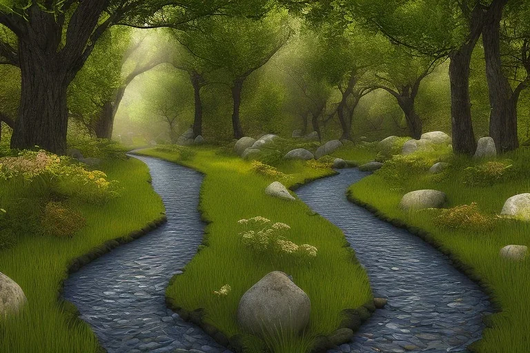  winding stone path lit river