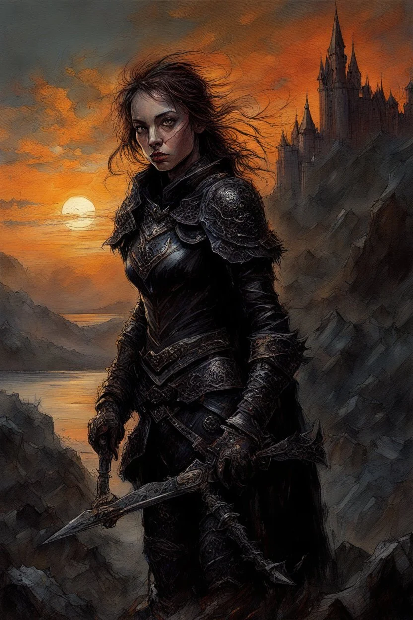 A formidable warrior girl in black armor, on the background Amazing gloomy landscape, flooded with sunset, mountains, trees, fabulous scary hero, , juicy emotions, painting, dark fantasy, gloomy day, dark world, portrait, Gothic Town At Night, Fantasy, Intricate Details, Castle Courtyard Gardens, Hyper Detailed, Jean Baptiste Monge, Carne Griffiths, Michael Garmash, Seb Mckinnon, Masterpiece