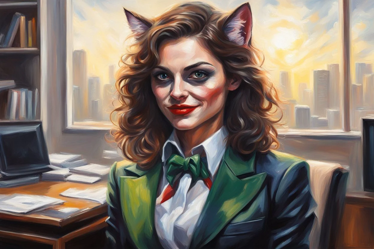 kitten brunette woman secret agent joker in an office in sunshine, very detailed, oil painting