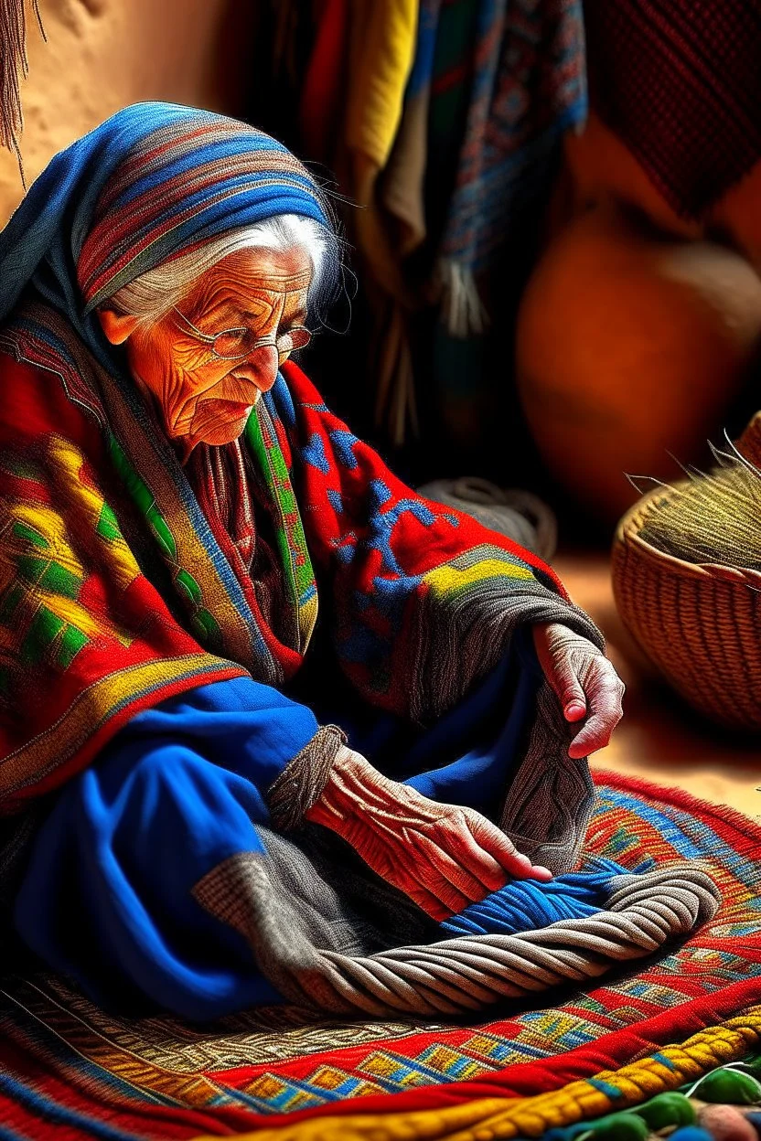 Elderly Berber woman, detailed, hyper realistic, an aura of grace and wisdom, weaving a colorful Moroccan rug, her fingers working deftly against a backdrop of a rustic Berber house.