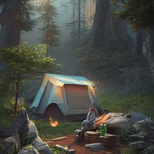 highly detailed campsite on lakeside, illustration, cinematic lighting, 4k, 8k, octane render, digital concept art, trending on artstation, pinterest, extremely detailed, ambient lighting.