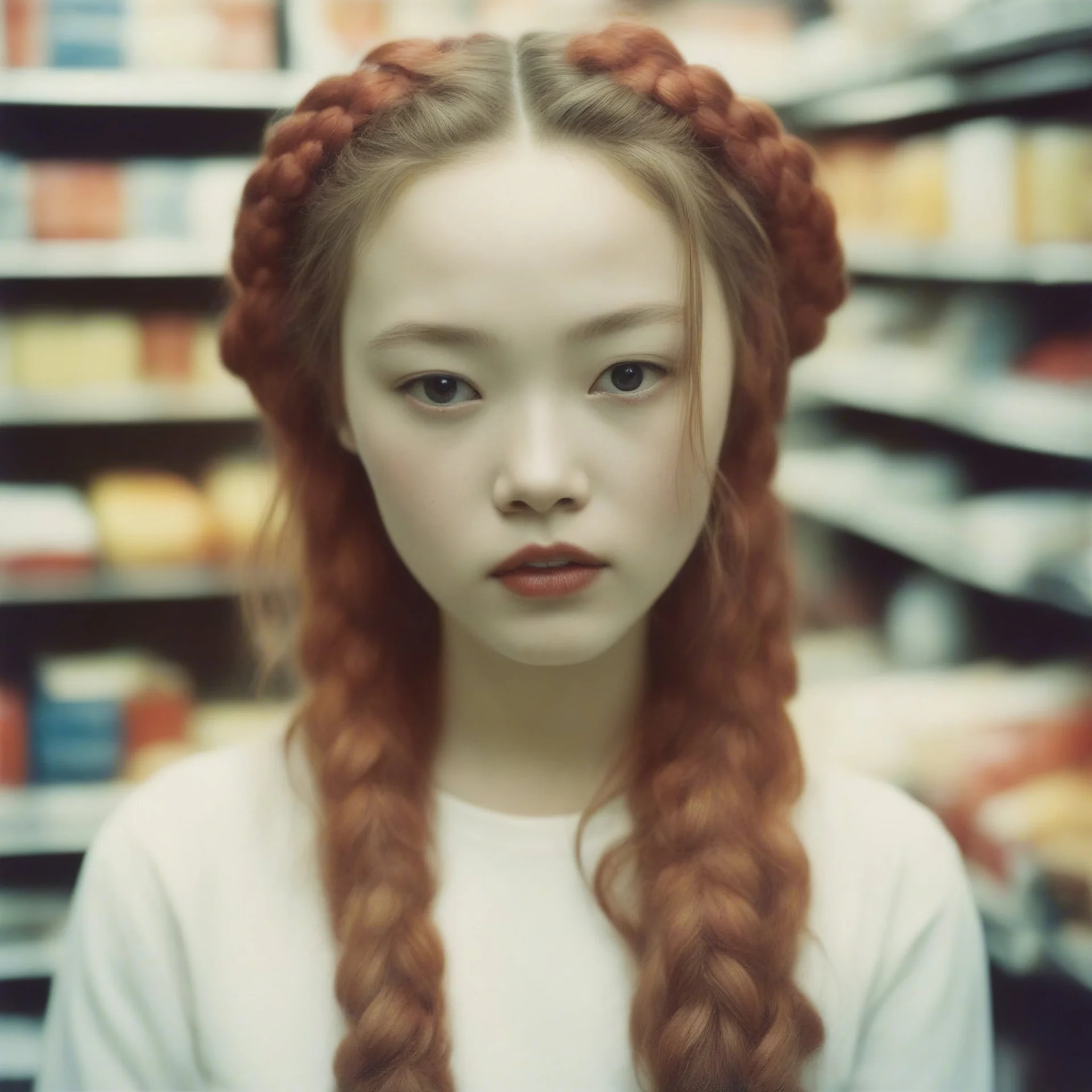 Old dirty Polaroid with white frames, of devon aoki with red cheeks, strange braids. in a supermarket, 1960s,