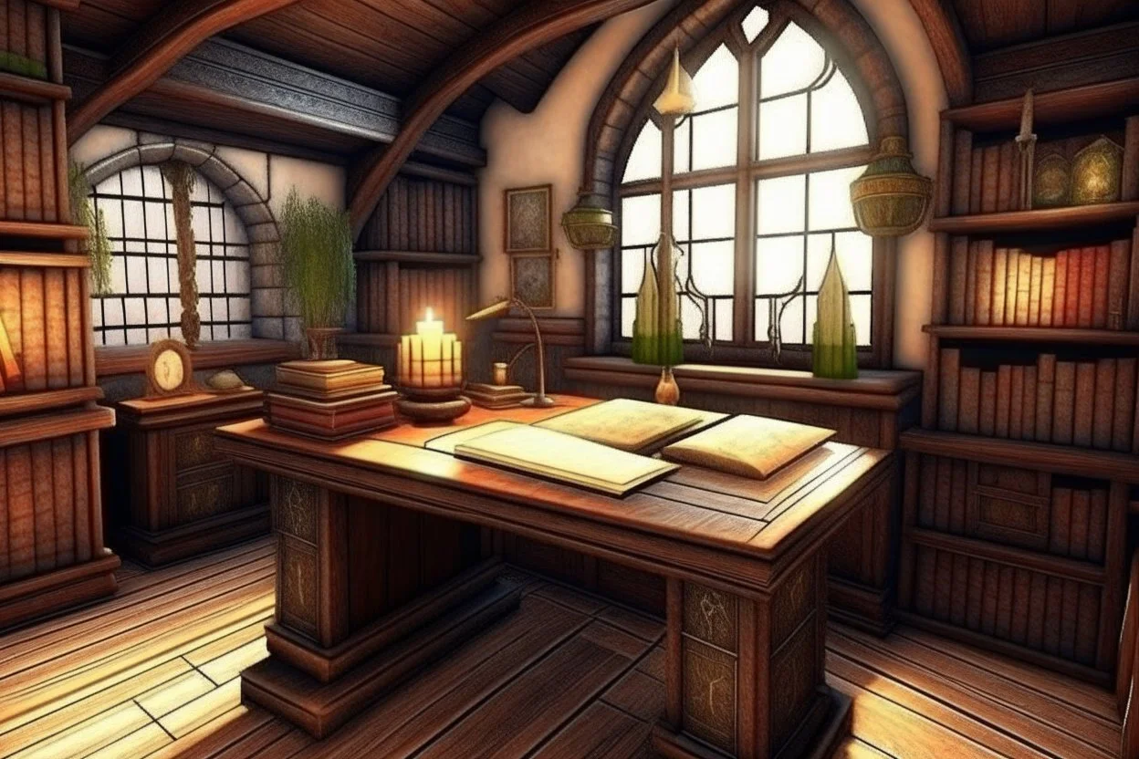 Fantasy medieval study room with desk