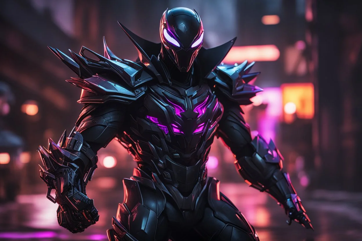 Venom Shredder machine in 8k solo leveling shadow artstyle, sombra them, close picture, rain, Shredder helmet, neon lights, intricate details, highly detailed, high details, detailed portrait, masterpiece,ultra detailed, ultra quality