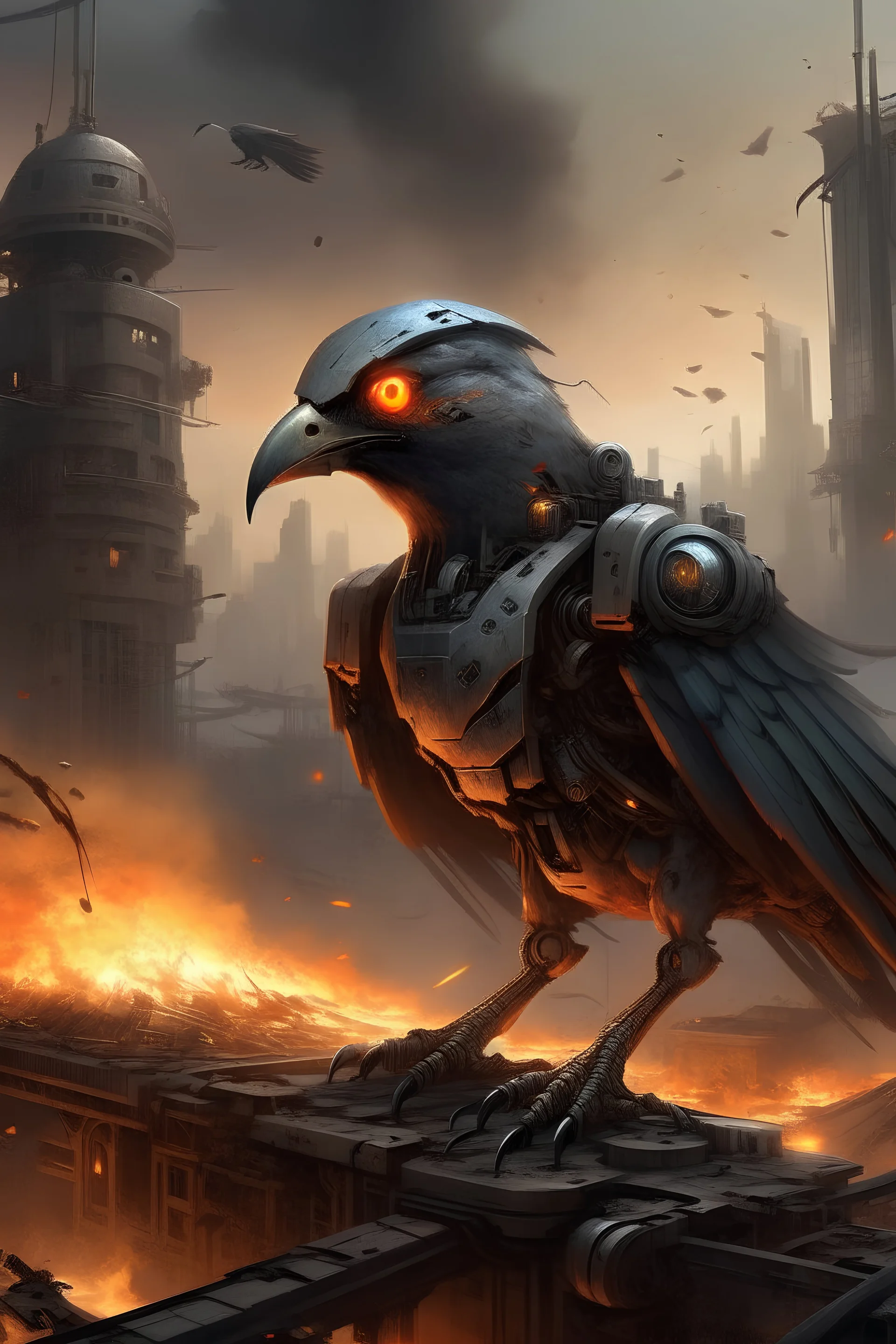 A humanoid bird looking at the pieces of a burning city, sitting in a large mech and wanting revenge.
