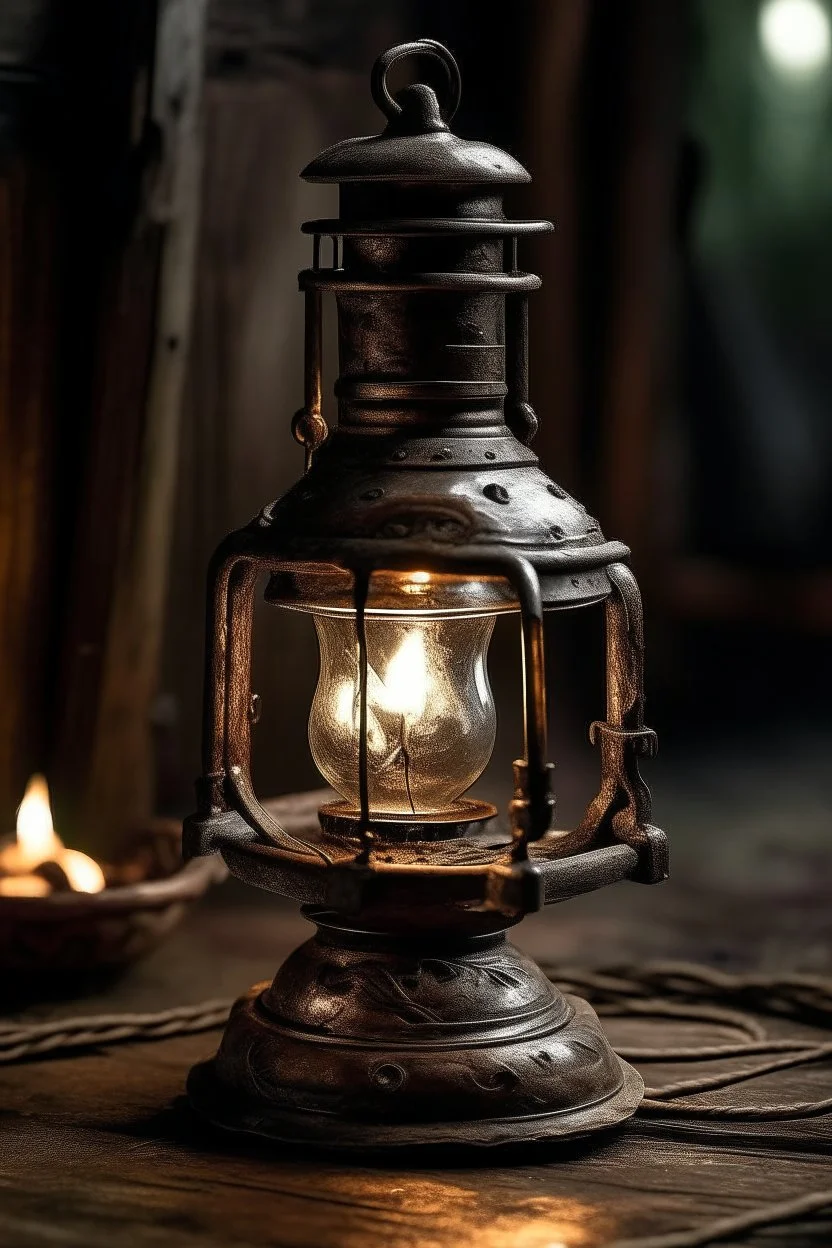 cinematic photo of a stunning OLD RUSTIC IRON KEROSENE OIL LAMP